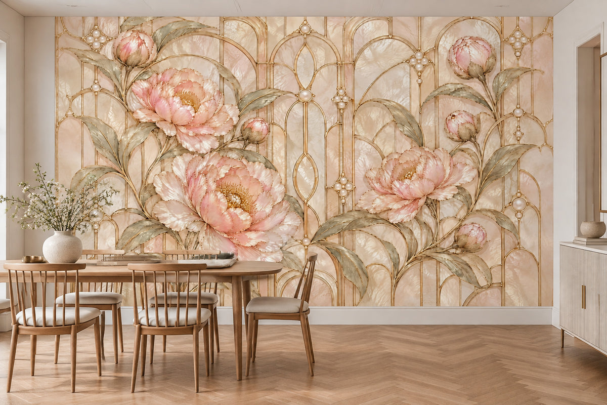 Pink Peonies Wallpaper Mural, Gold Art Deco Arches