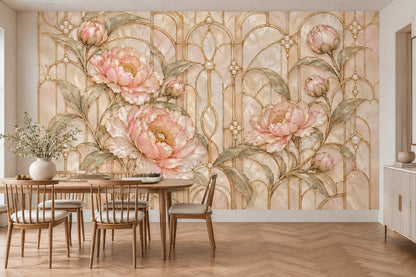 Pink Peonies Wallpaper Mural, Gold Art Deco Arches