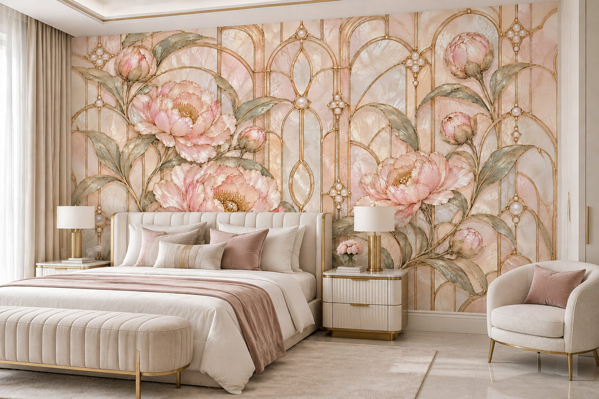 Pink Peonies Wallpaper Mural, Gold Art Deco Arches