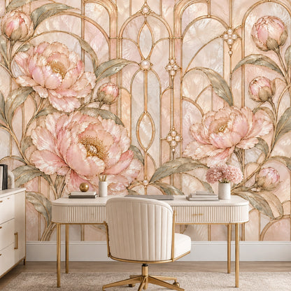 Pink Peonies Wallpaper Mural, Gold Art Deco Arches