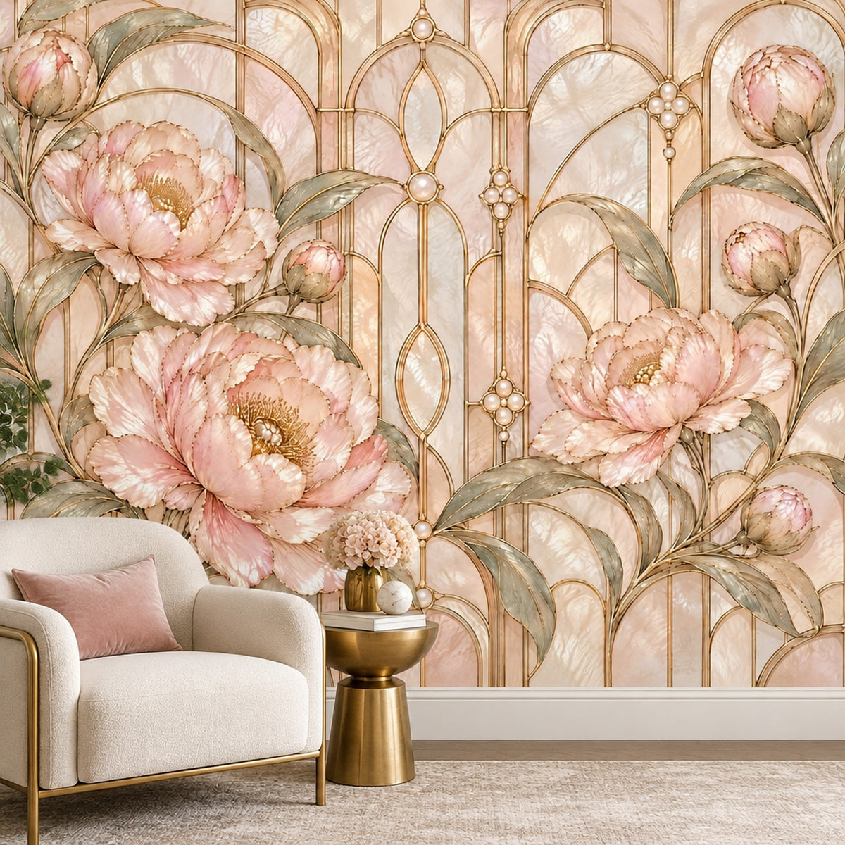 Pink Peonies Wallpaper Mural, Gold Art Deco Arches