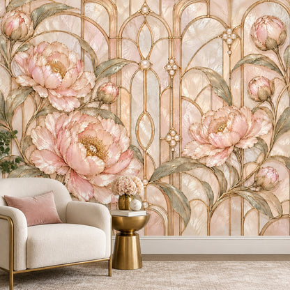 Pink Peonies Wallpaper Mural, Gold Art Deco Arches