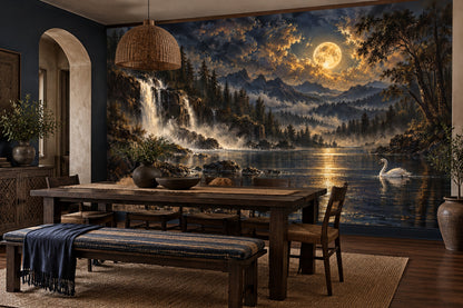 Moonlit Waterfall And Swan Wallpaper Mural Dark Blue Gold Landscape