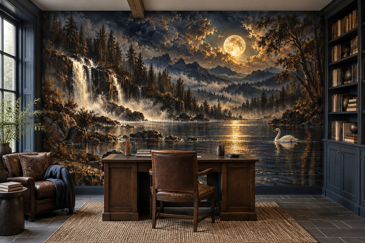 Moonlit Waterfall And Swan Wallpaper Mural Dark Blue Gold Landscape