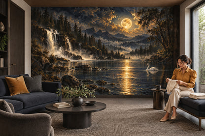 Moonlit Waterfall And Swan Wallpaper Mural Dark Blue Gold Landscape