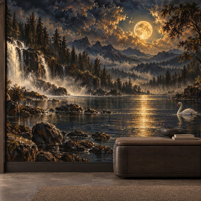 Moonlit Waterfall And Swan Wallpaper Mural Dark Blue Gold Landscape