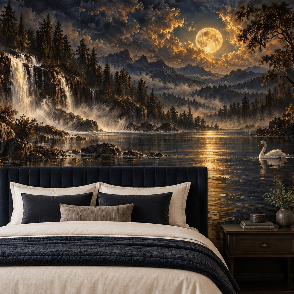 Moonlit Waterfall And Swan Wallpaper Mural Dark Blue Gold Landscape