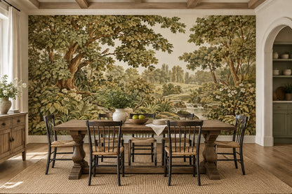 Vintage Inspired Woodland Stream And Birds Wallpaper Mural In Olive Green