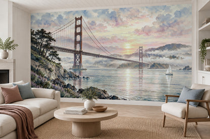Golden Gate Bridge Wallpaper Mural Watercolor: Pastel Sunset Bay