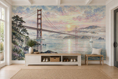 Golden Gate Bridge Wallpaper Mural Watercolor: Pastel Sunset Bay