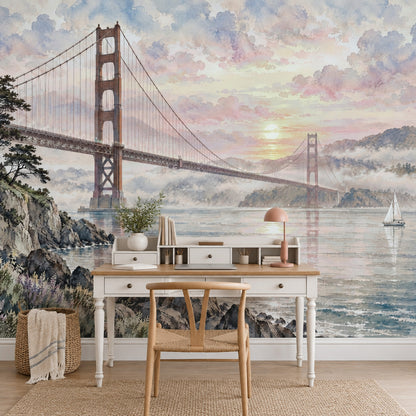 Golden Gate Bridge Wallpaper Mural Watercolor: Pastel Sunset Bay