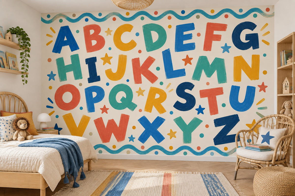 Hand Painted A To Z Alphabet Wallpaper Mural Cream Background
