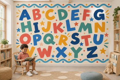 Hand Painted A To Z Alphabet Wallpaper Mural Cream Background