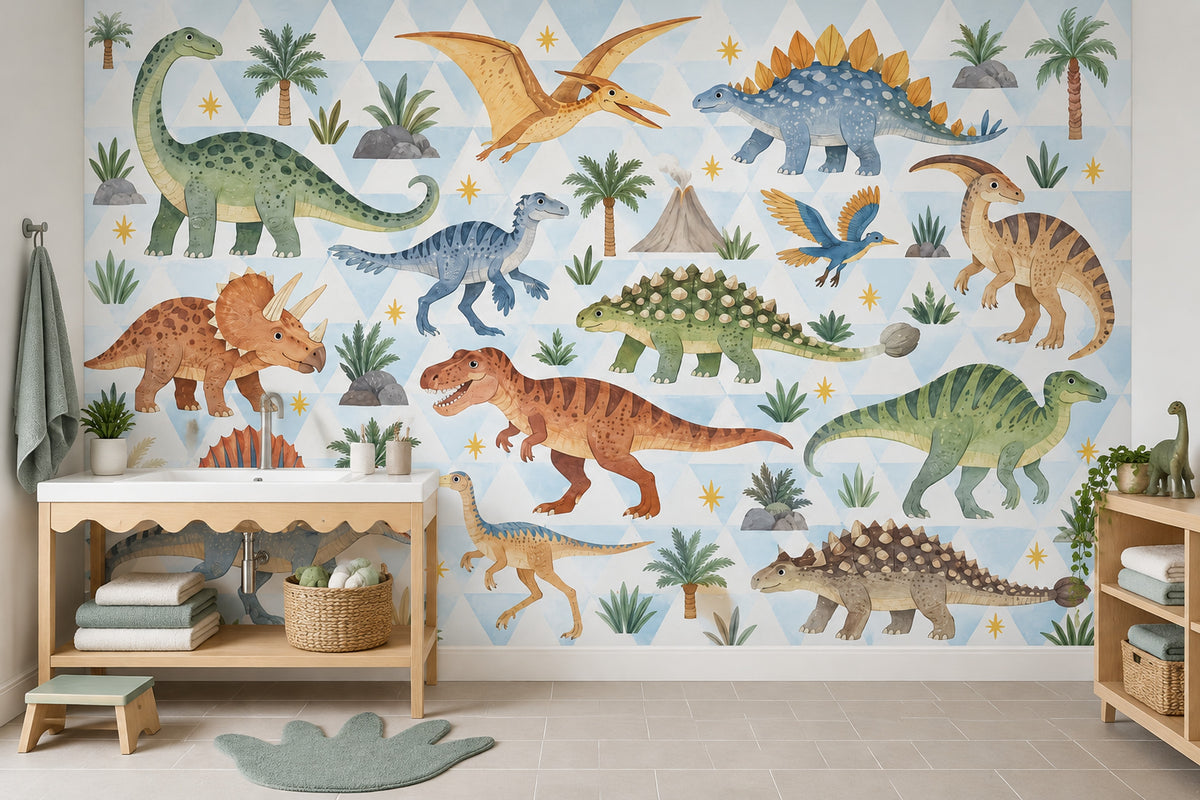 Cute Watercolor Dinosaurs Wallpaper Mural Pastel Blue Geometric Triangles