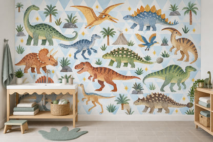 Cute Watercolor Dinosaurs Wallpaper Mural Pastel Blue Geometric Triangles