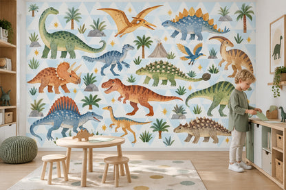 Cute Watercolor Dinosaurs Wallpaper Mural Pastel Blue Geometric Triangles