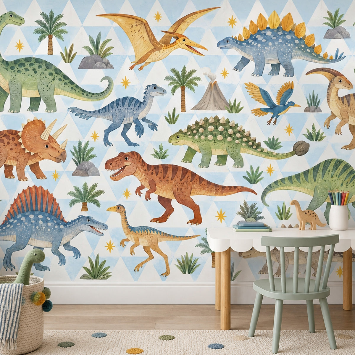 Cute Watercolor Dinosaurs Wallpaper Mural Pastel Blue Geometric Triangles