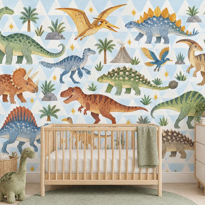 Cute Watercolor Dinosaurs Wallpaper Mural Pastel Blue Geometric Triangles