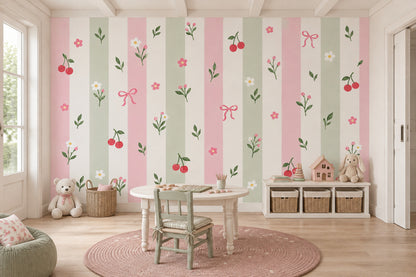 Pastel Stripes With Flowers Cherries And Bows Wallpaper Mural Pink And Sage