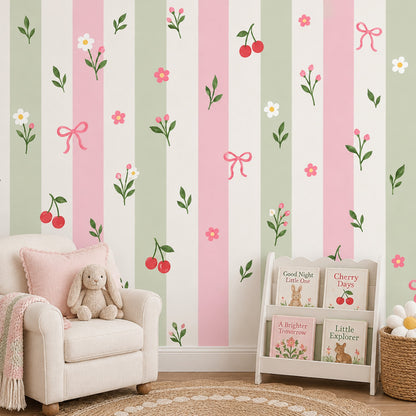 Pastel Stripes With Flowers Cherries And Bows Wallpaper Mural Pink And Sage