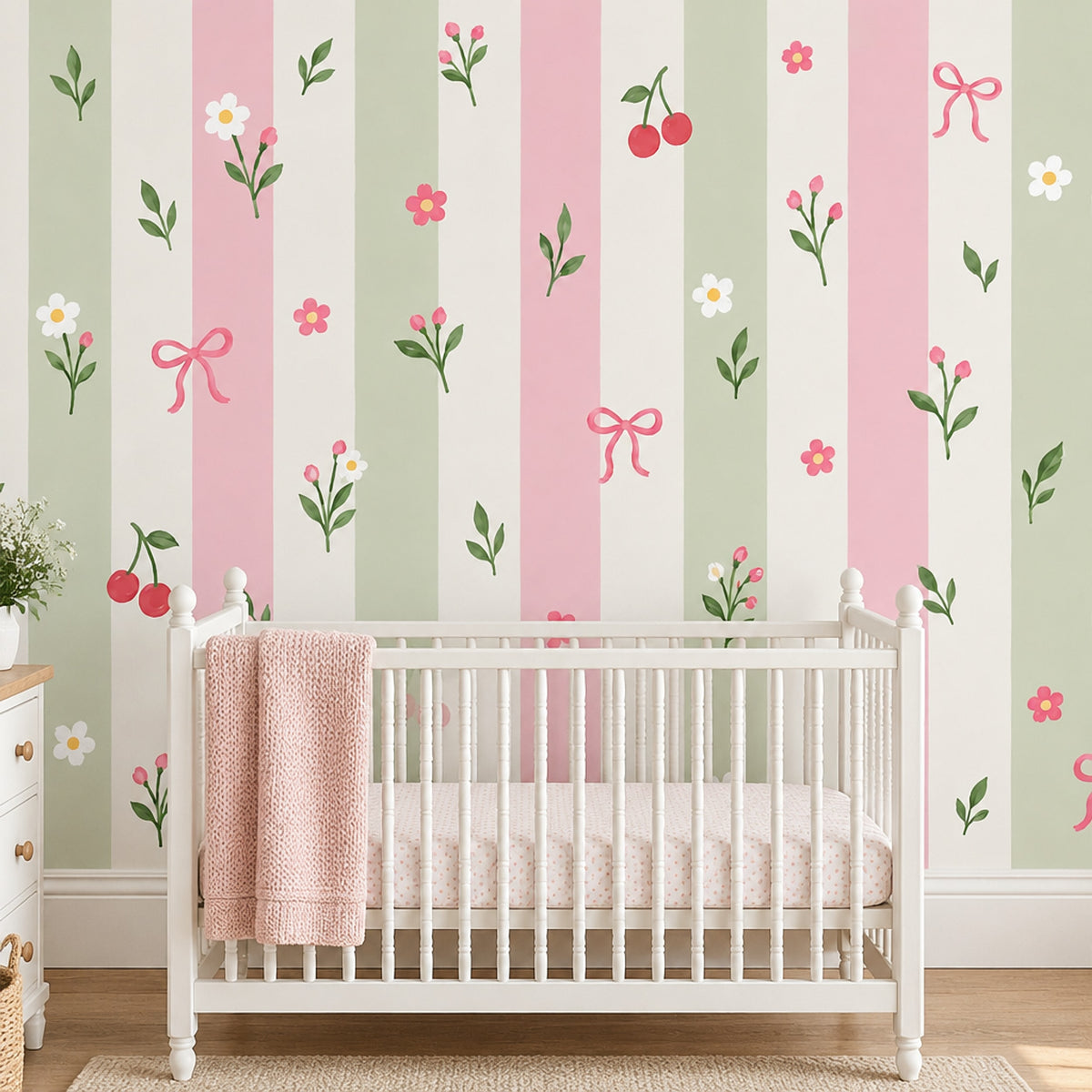 Pastel Stripes With Flowers Cherries And Bows Wallpaper Mural Pink And Sage