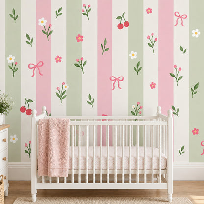 Pastel Stripes With Flowers Cherries And Bows Wallpaper Mural Pink And Sage