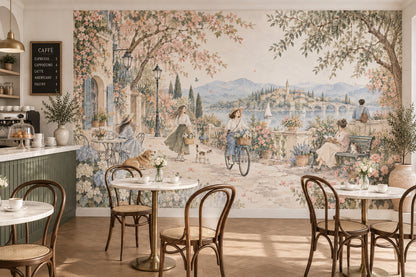 Mediterranean Terrace Scene Wallpaper Mural Pastel Watercolor, Sailboats And Floral Garden