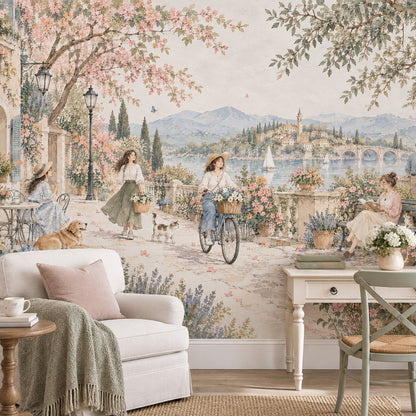 Mediterranean Terrace Scene Wallpaper Mural Pastel Watercolor, Sailboats And Floral Garden