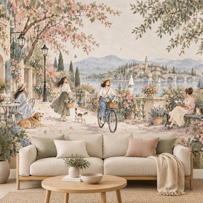 Mediterranean Terrace Scene Wallpaper Mural Pastel Watercolor, Sailboats And Floral Garden