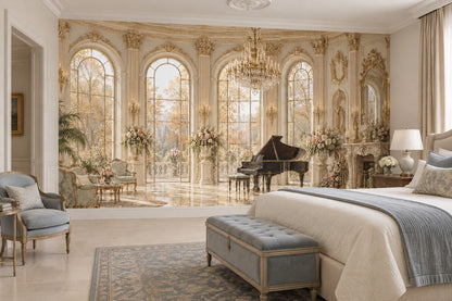 Grand Palace Salon Wallpaper Mural Traditional Gold, Crystal Chandelier And Piano
