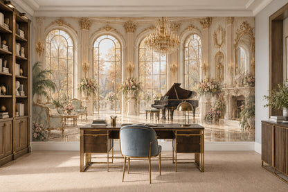 Grand Palace Salon Wallpaper Mural Traditional Gold, Crystal Chandelier And Piano