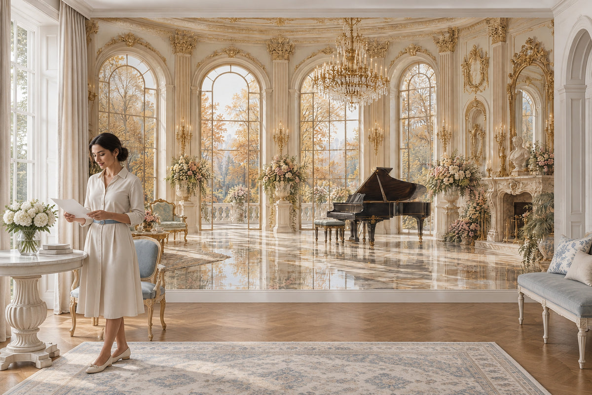 Grand Palace Salon Wallpaper Mural Traditional Gold, Crystal Chandelier And Piano