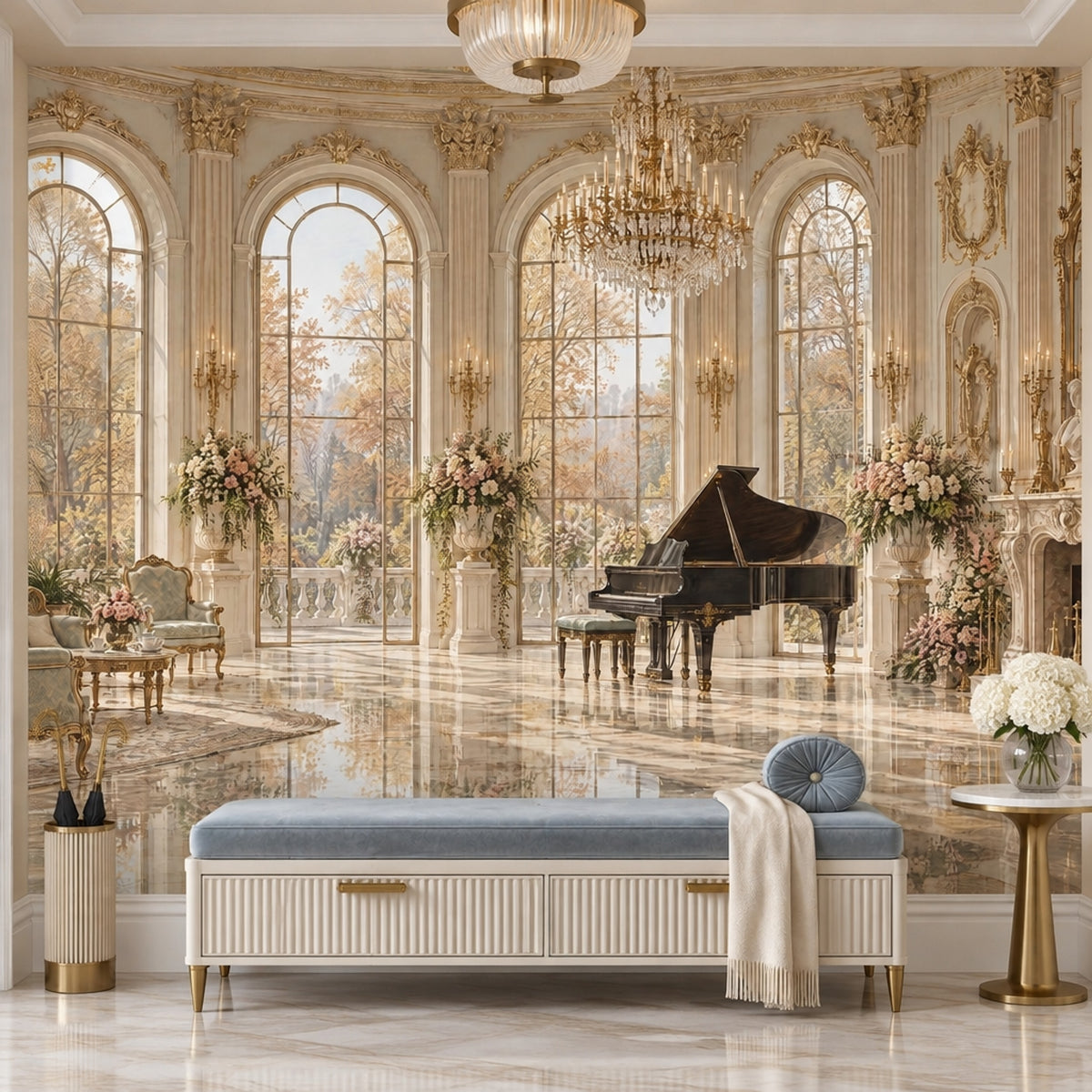 Grand Palace Salon Wallpaper Mural Traditional Gold, Crystal Chandelier And Piano