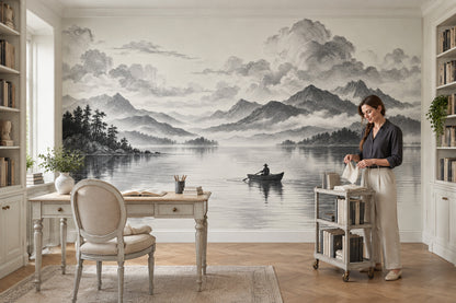 Rowboat On Misty Mountain Lake Wallpaper Mural, Monochrome Engraving Style