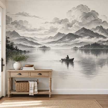 Rowboat On Misty Mountain Lake Wallpaper Mural, Monochrome Engraving Style