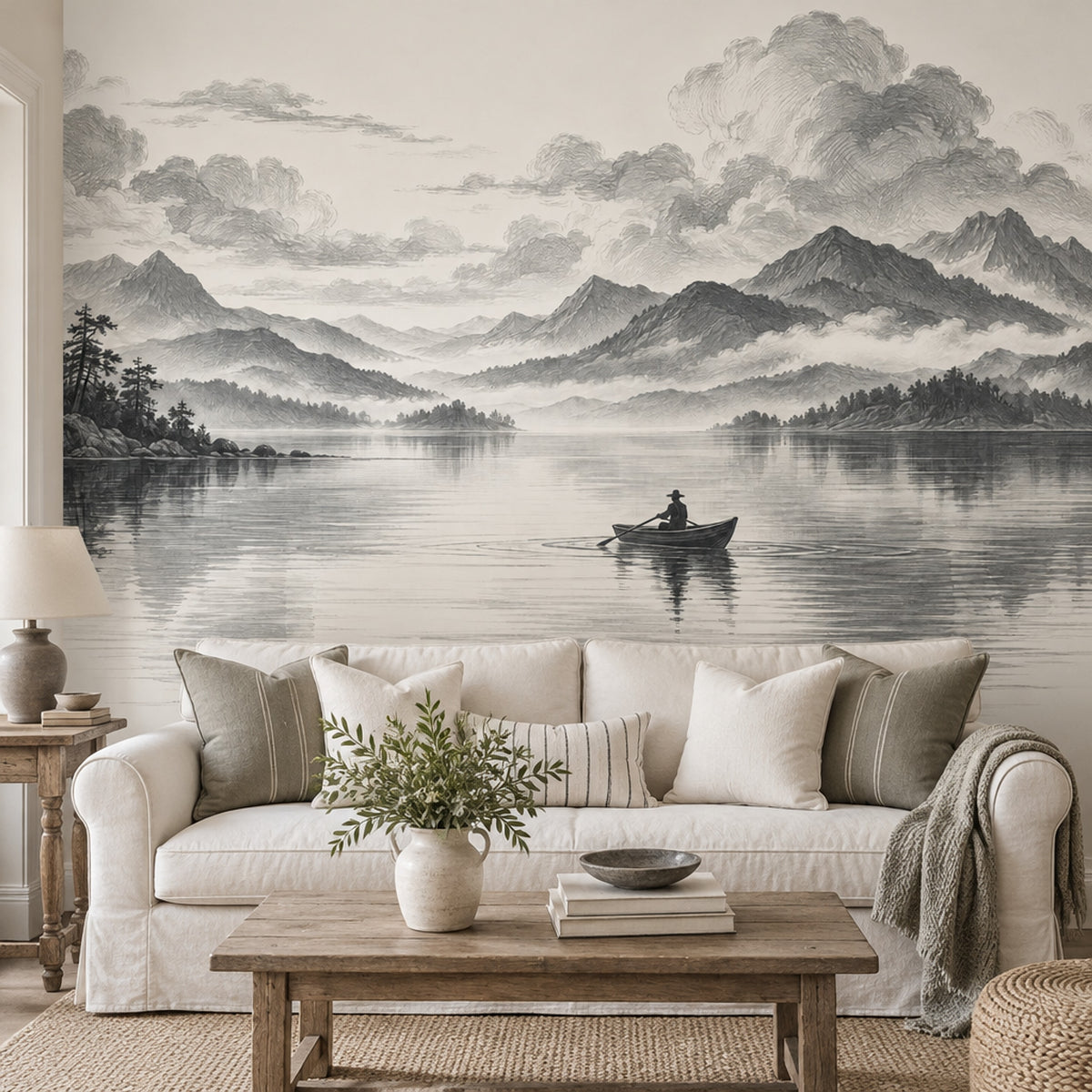 Rowboat On Misty Mountain Lake Wallpaper Mural, Monochrome Engraving Style