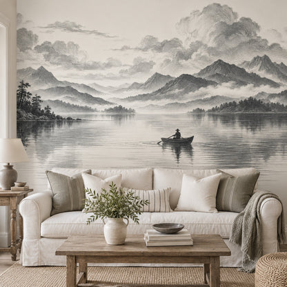 Rowboat On Misty Mountain Lake Wallpaper Mural, Monochrome Engraving Style