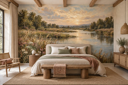 Sunset Riverside Landscape Wallpaper Mural Vintage Inspired Oil Painting Style