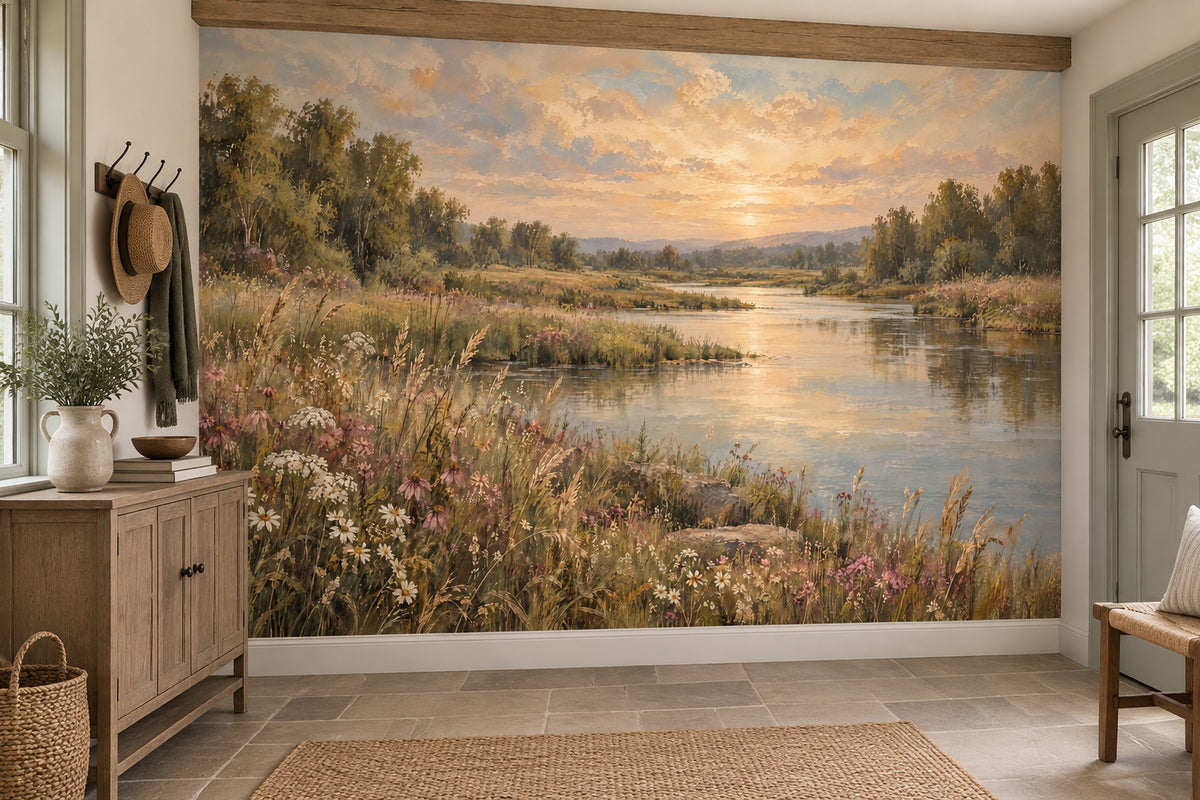 Sunset Riverside Landscape Wallpaper Mural Vintage Inspired Oil Painting Style
