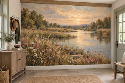 Sunset Riverside Landscape Wallpaper Mural Vintage Inspired Oil Painting Style