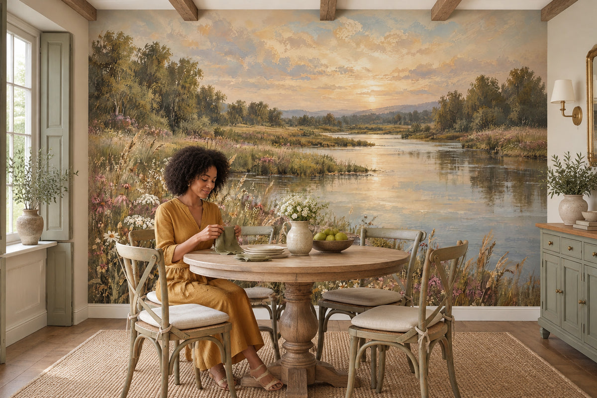 Sunset Riverside Landscape Wallpaper Mural Vintage Inspired Oil Painting Style