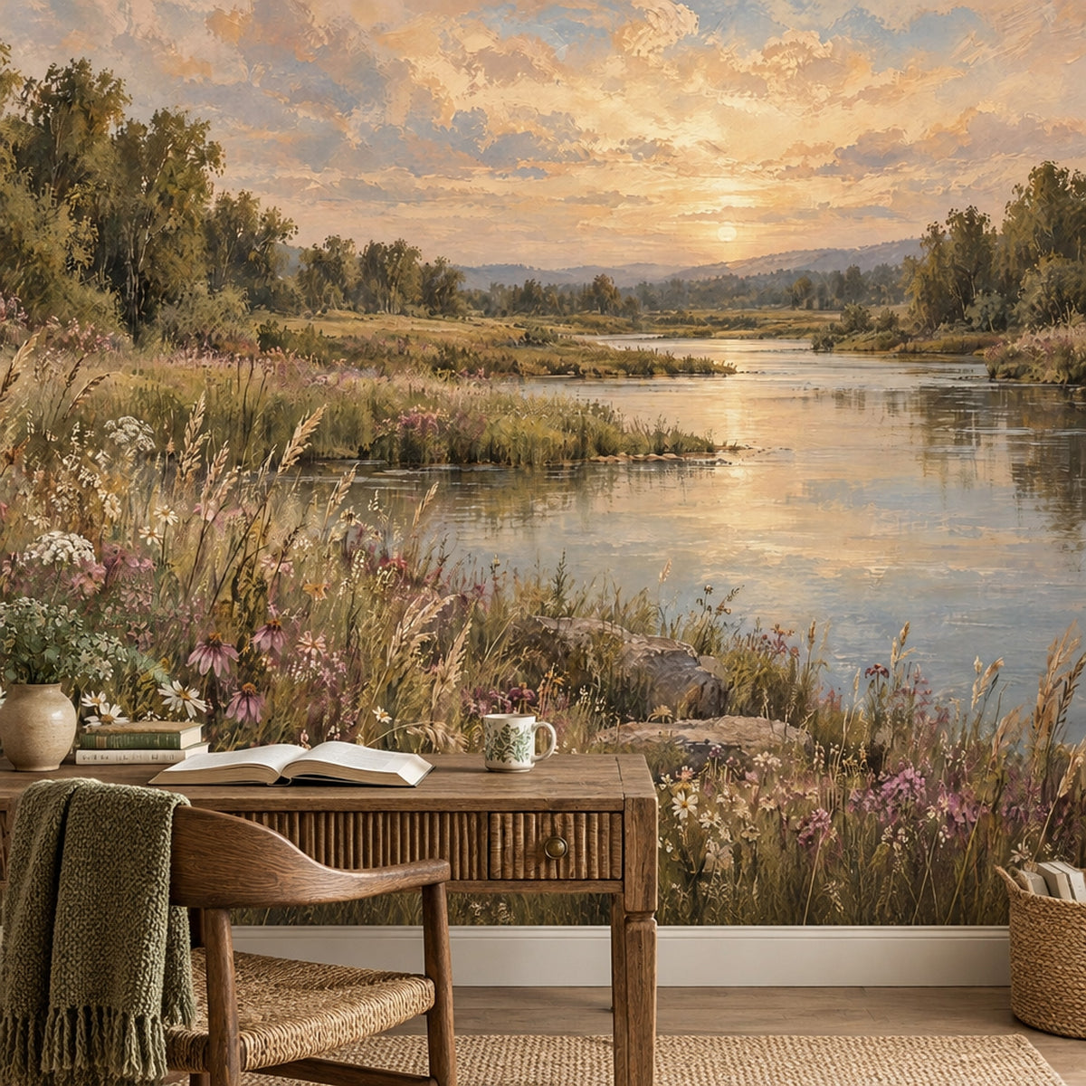 Sunset Riverside Landscape Wallpaper Mural Vintage Inspired Oil Painting Style