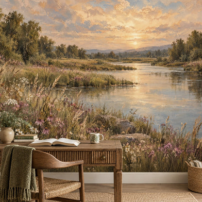 Sunset Riverside Landscape Wallpaper Mural Vintage Inspired Oil Painting Style