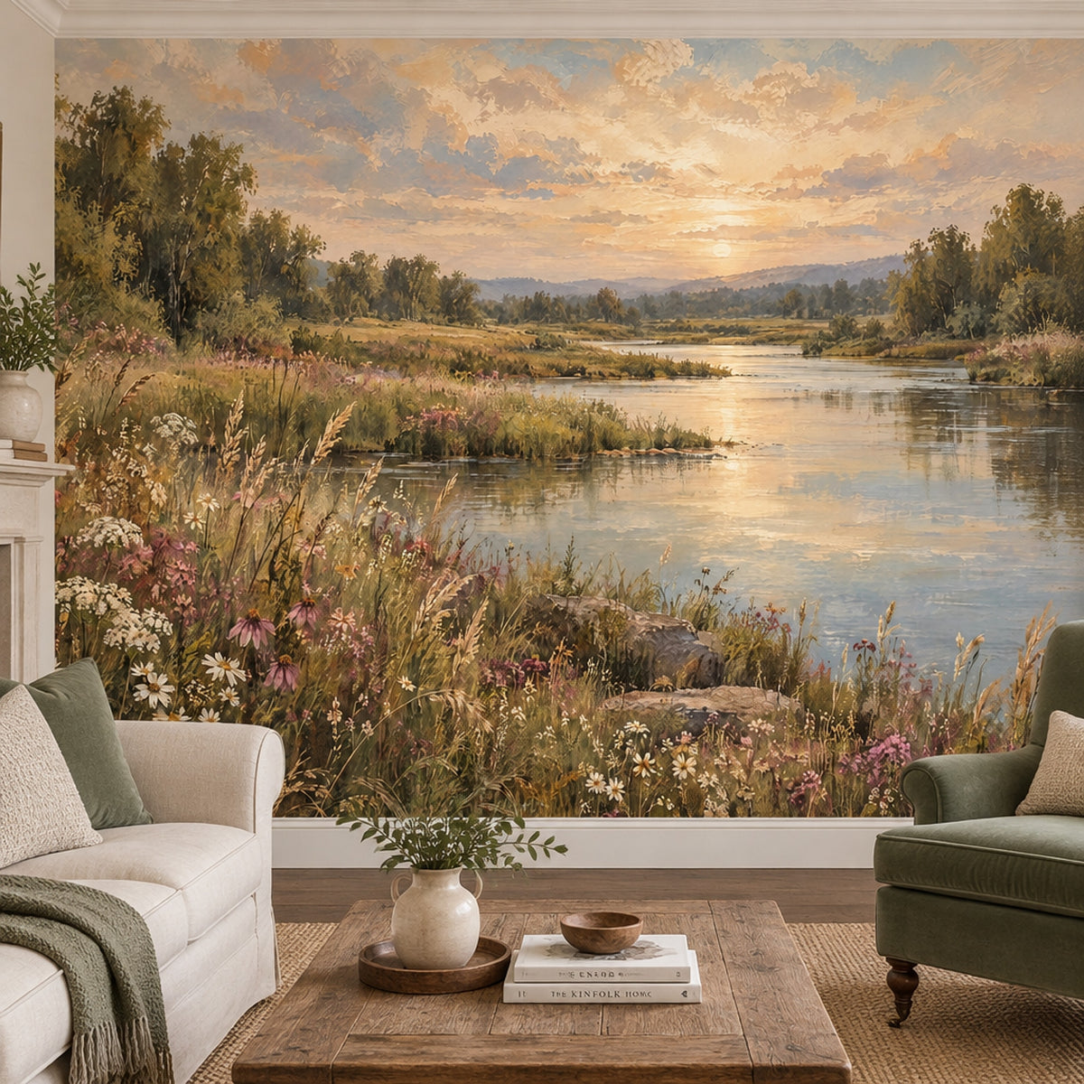 Sunset Riverside Landscape Wallpaper Mural Vintage Inspired Oil Painting Style