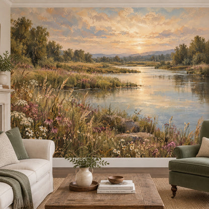 Sunset Riverside Landscape Wallpaper Mural Vintage Inspired Oil Painting Style