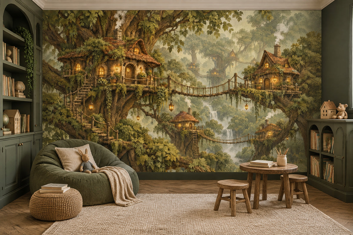 Enchanted Treehouse Village Wallpaper Mural, Warm Lantern Forest Illustration