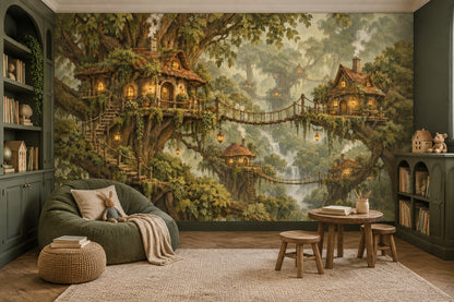 Enchanted Treehouse Village Wallpaper Mural, Warm Lantern Forest Illustration