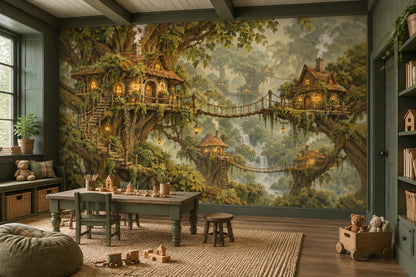 Enchanted Treehouse Village Wallpaper Mural, Warm Lantern Forest Illustration