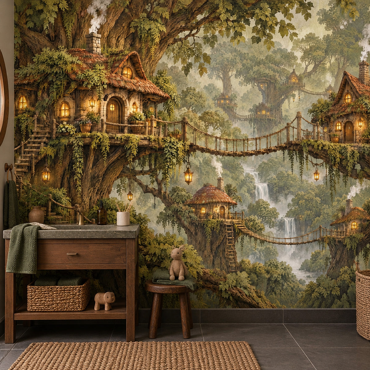 Enchanted Treehouse Village Wallpaper Mural, Warm Lantern Forest Illustration