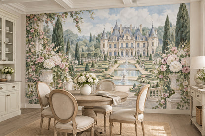 French Chateau Garden Wallpaper Mural Watercolor Pastel With Fountains